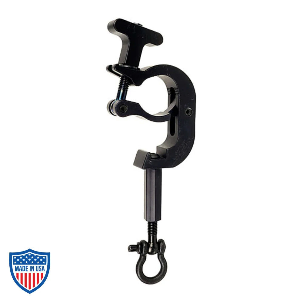 Barco Projector Clamp with T-Handle for film grip rigging, suitable for 1.5" to 2" OD tubes, safe vertical load 450 pounds.