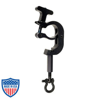 Barco Projector Clamp with T-Handle for film grip rigging, suitable for 1.5" to 2" OD tubes, safe vertical load 450 pounds.