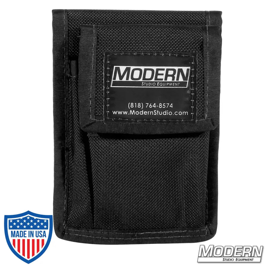 Small black cordura pouch from Modern Studio Equipment for holding a pen and notepad, ideal for film grip and rigging setups.