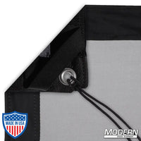 Black Artificial 1/4 Stop Silk with webbing, grommets, and ties for film grip rigging, includes labeled storage bag.