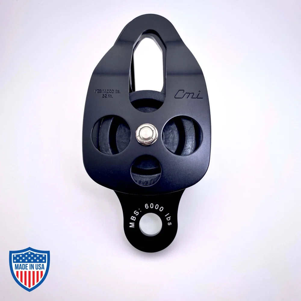 Black Film Double Pulley CMI RP101DFS for grip and rigging, anodized aluminum side-plates and becket, stainless steel axle, MBS 6000 lbs