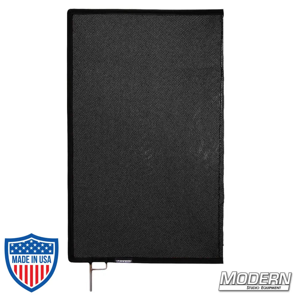 Black Triple Scrim with open end stainless steel frame for film grip and rigging, reducing light by 1.8 stops.