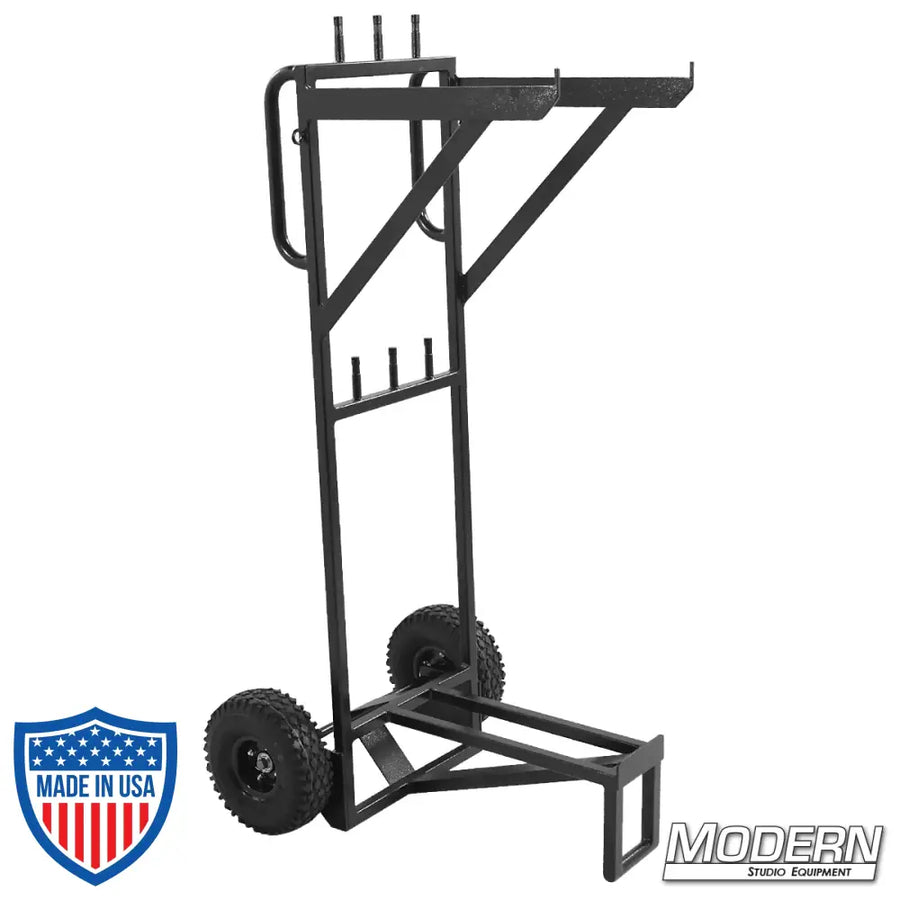 Steel C-Stand Cart for film grip rigging, holds 12" complete c-stands, with 8" carefree casters and additional welded 5/8" baby pins