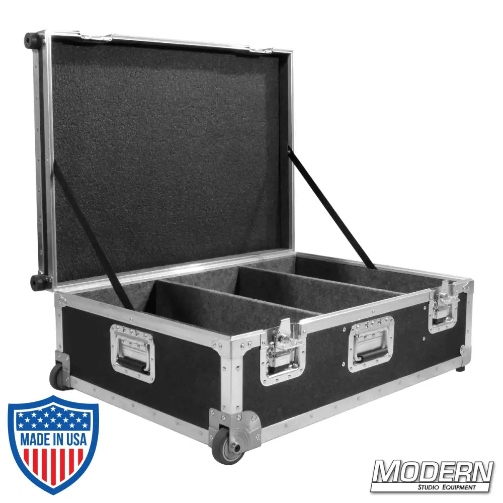 Rolling camera bazooka case for film grip rigging equipment with open lid and dividers, ideal for secure transportation.