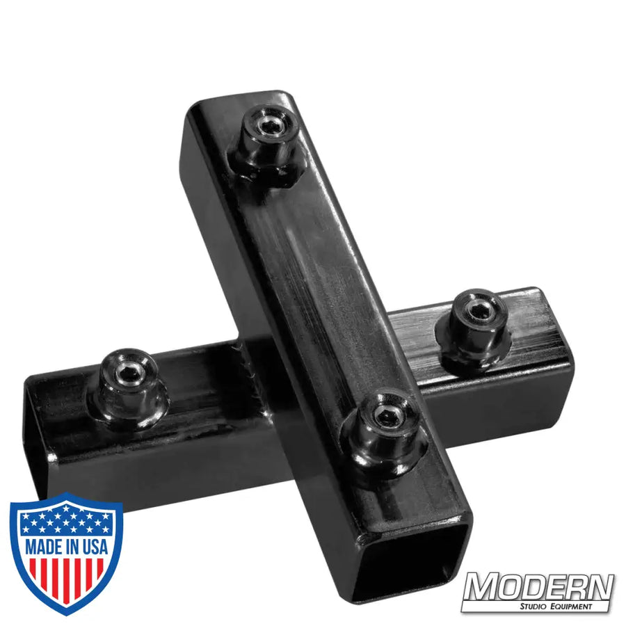 Black zinc cross for 1-inch square tube with set screws for film grip and rigging applications.