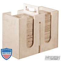 Wooden cup block carrier with handle and 12 cup blocks for film grip and rigging use.