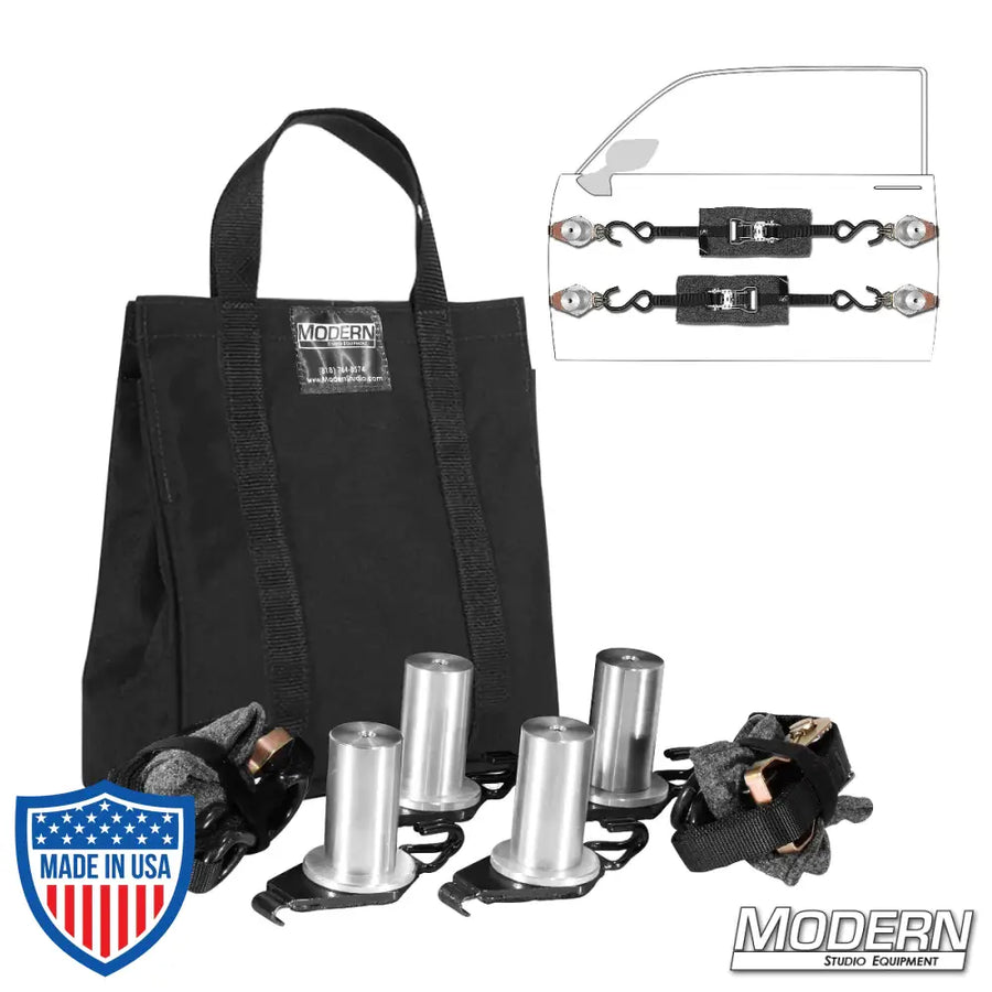 Door Mount Kit for Speed-Rail® with hooks, pipe fitting starters, aluminum washers, ratchet tie downs, bolts, storage bag for film grip rigging