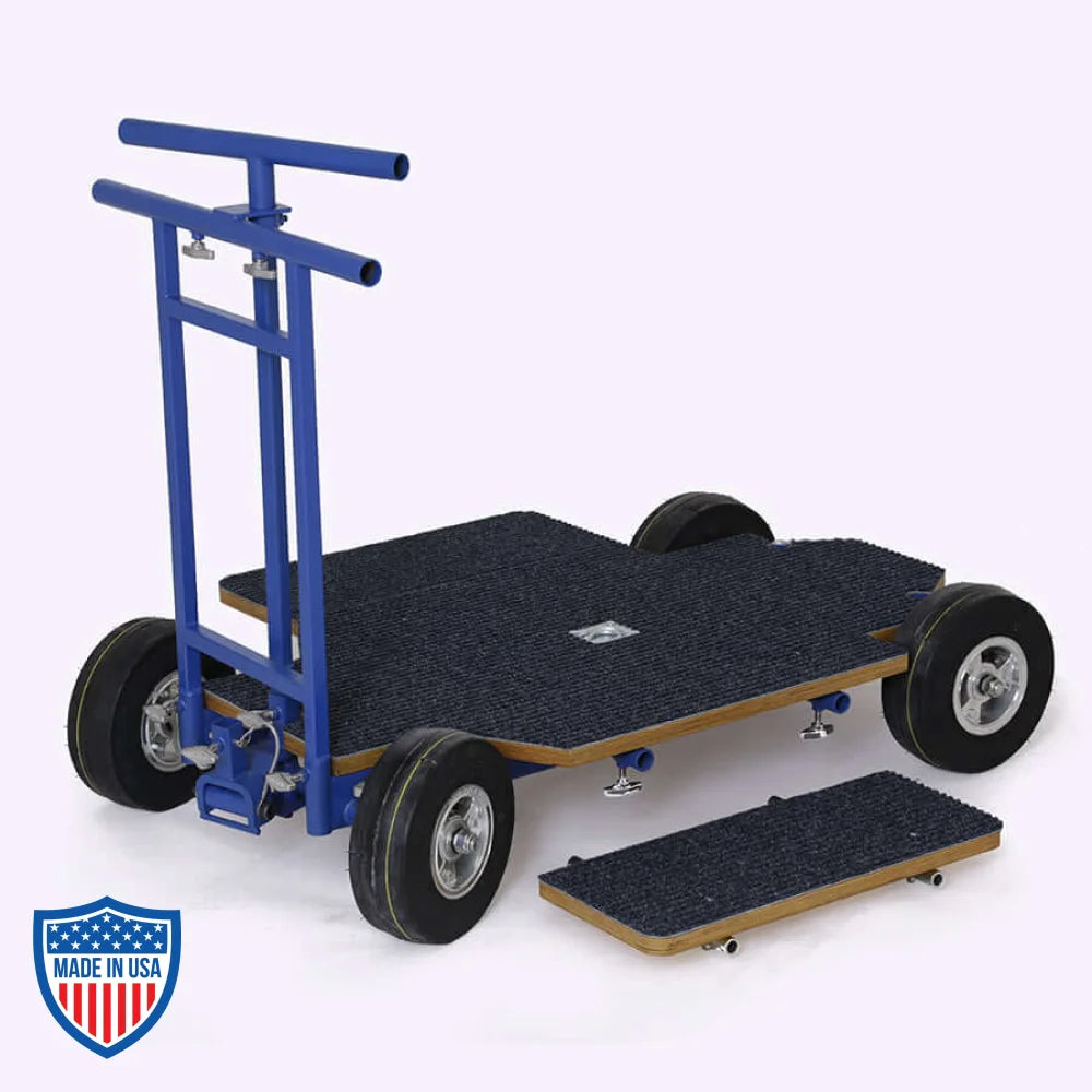 Doorway Dolly with push bar, pull handle, side boards, and expanding rear wheels for film grip and rigging equipment