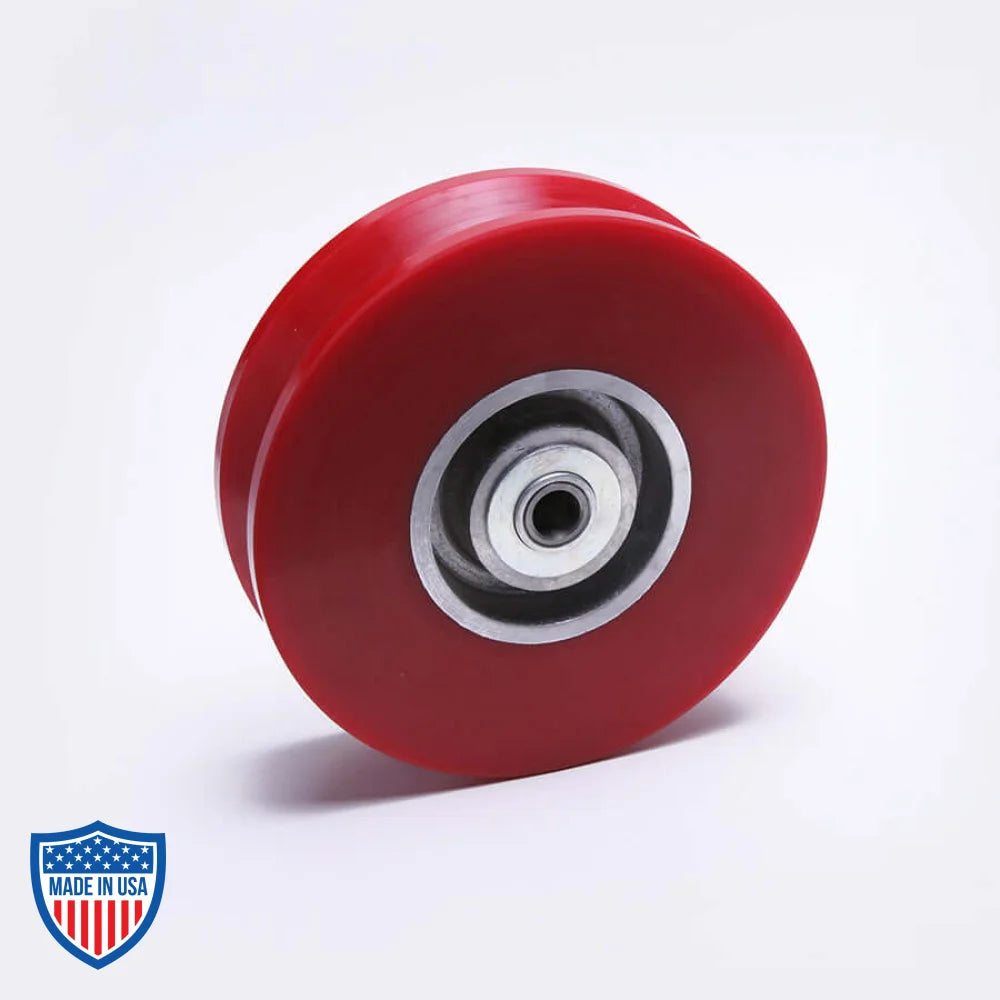 9" V-grooved doorway dolly track wheel for film grip and rigging.