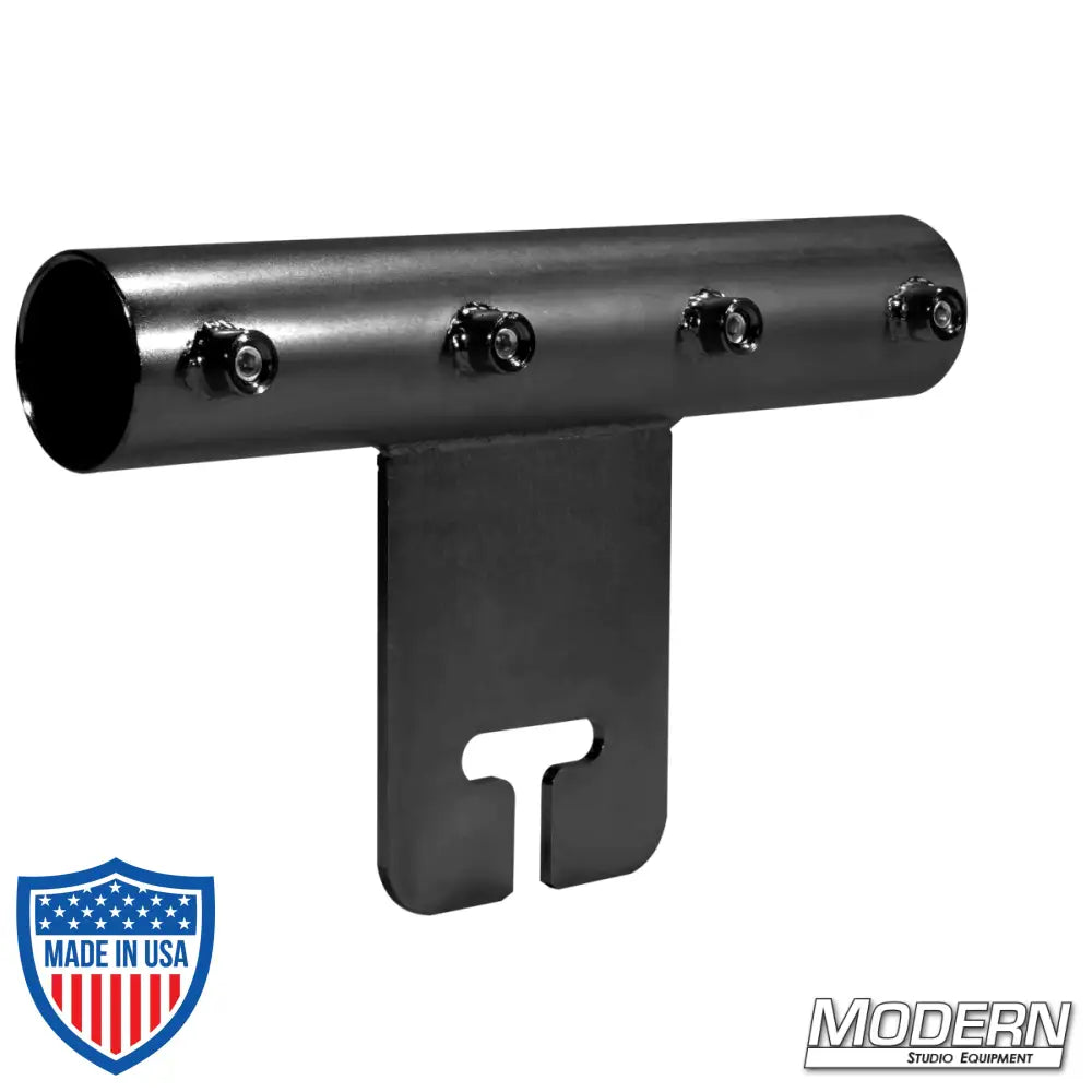 Black zinc adapter for 1-1/4-inch Speed-Rail with set screws used in film grip and rigging.