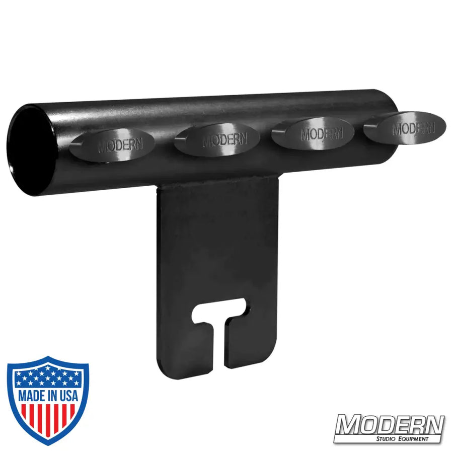 Black zinc Ear for 1-1/4-inch Speed-Rail® with T-Handles for film grip rigging, used to attach schedule 40 aluminum to gobo/grip head.