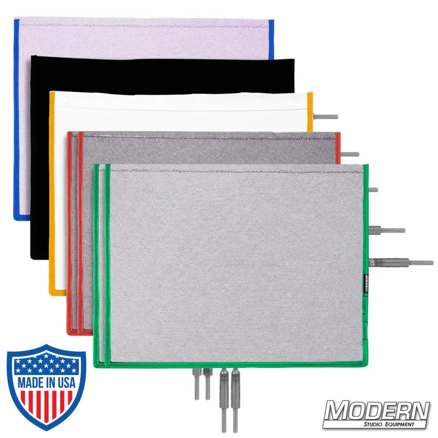 Flex Scrim Set - 7 Scrims including Singles, Doubles, Silk, Solid, and Lavender, for film grip and rigging on set lighting.