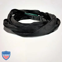 GAC Flex black spanset with green identification tag for film grip rigging made with galvanized aircraft cable for high-temperature resistance