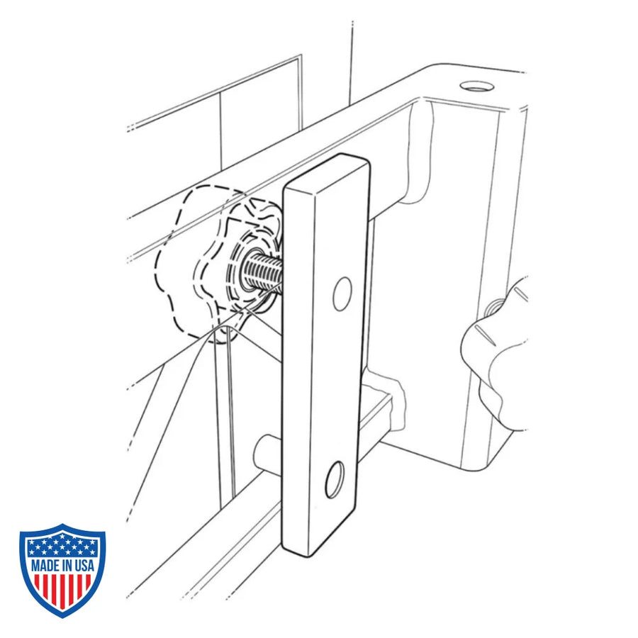 Guardrail backplate with bolt securing guardrails on SteelDeck platform truss, zinc-plated steel plate for film rigging.