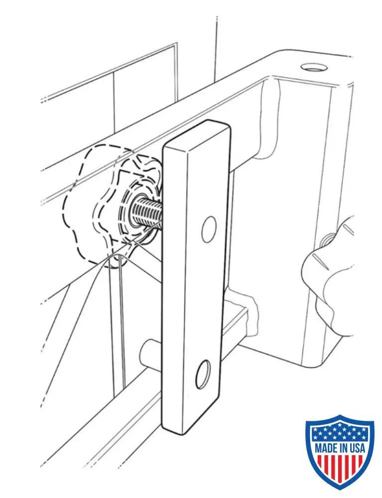 Guardrail backplate with bolt securing guardrails on SteelDeck platform truss, zinc-plated steel plate for film rigging.