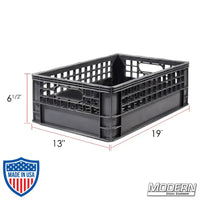 Half Milk Crate made from industry-grade plastic, measures 19" x 13" x 6.5", stackable with a clean grid bottom, ideal for film grip rigging.