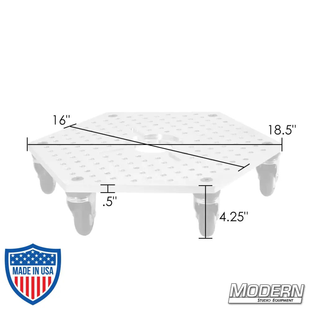 Hex plate floor dolly with 6 casters, low profile aluminum, and standard mitchell receiver for film grip rigging equipment.
