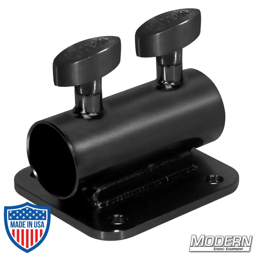 Black zinc horizontal receiver with flat plate and T-handles for 1-1/2" Speed-Rail® used in film grip and rigging.