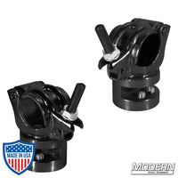 Set of two black zinc I-Beam Grid Clamps with nut for film grip and rigging, designed to adapt i-beam to aluminum pipe.