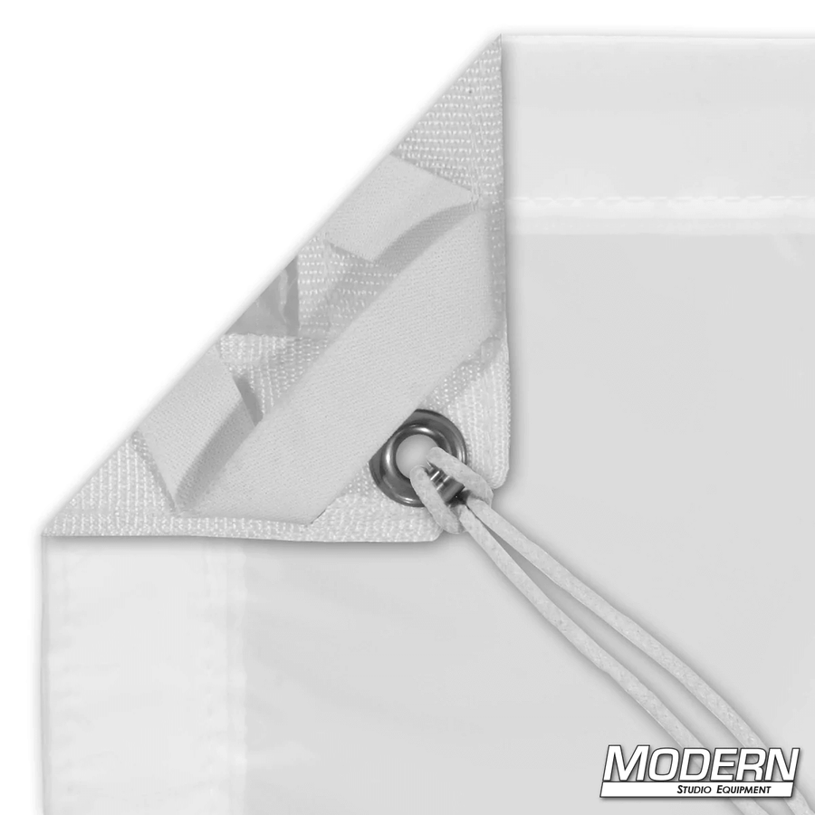 Close-up of Hilight diffusion textile showing webbing, grommet, and tie systems for film grip rigging by Modern Studio Equipment.