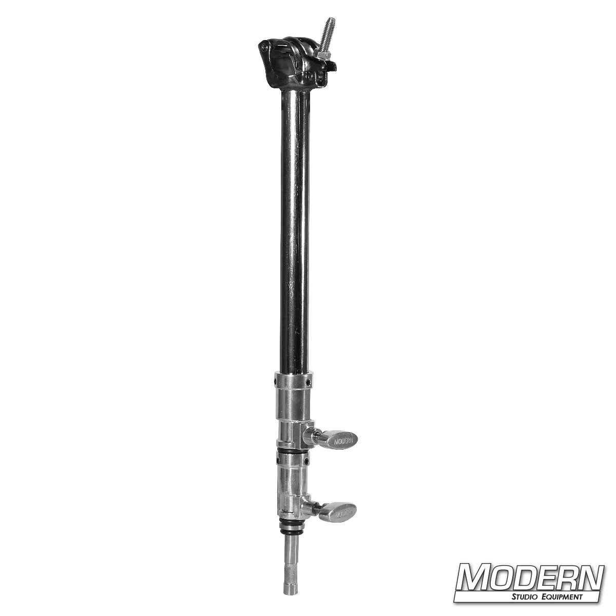 Grid Clamp with Double Riser Baby Telescoping Arm in Black Zinc for film grip rigging, steel construction with 5/8" male baby pin.