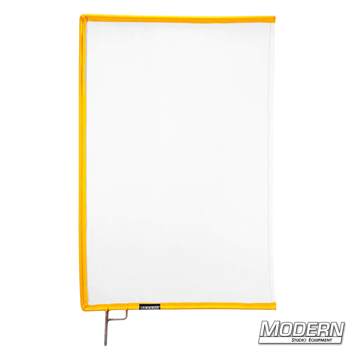 White artificial silk scrim with yellow frame for film grip and rigging, designed to diffuse light and reduce reflectance on set.