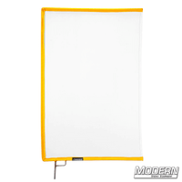White artificial silk scrim with yellow frame for film grip and rigging, designed to diffuse light and reduce reflectance on set.