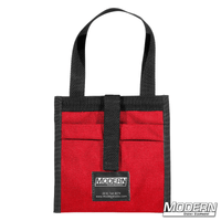 Modern red Cordura 1000 scrim bag for 5" lighting scrims with sewn-in stainless steel rod, ideal for film grip and rigging organization.