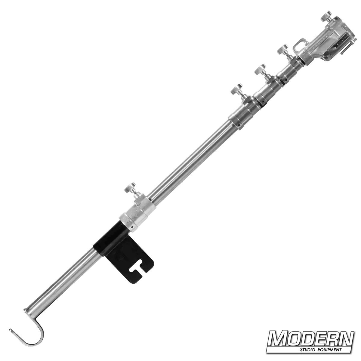 Telescoping Combo Boom Arm in Black Zinc for film grip and rigging, made from military grade stainless steel with hook for counterweight