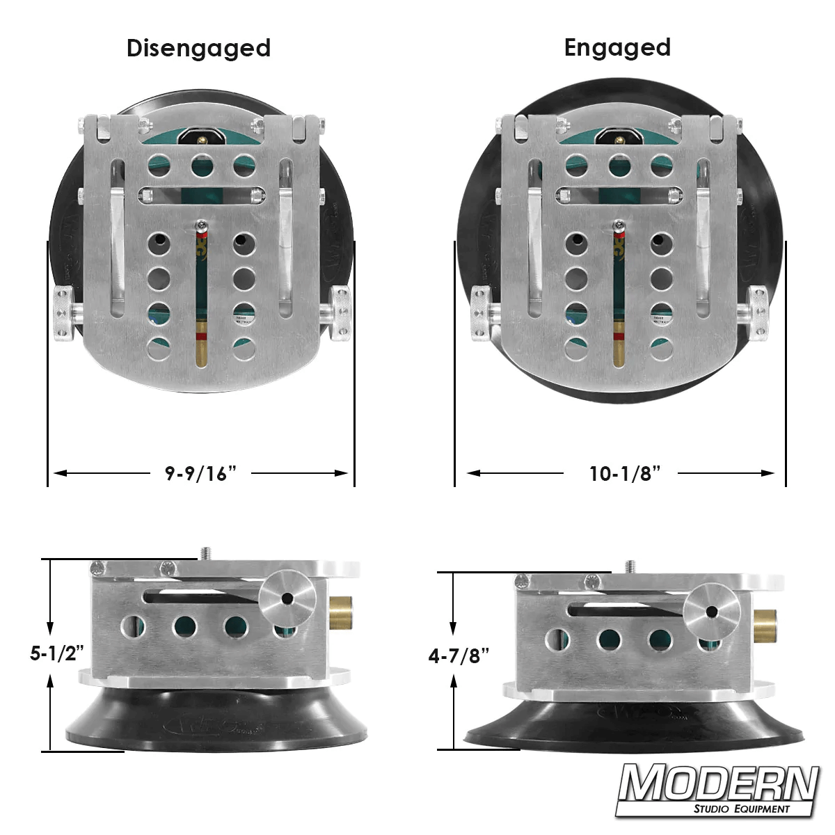 Suction Cup Camera Wedge Plate by Wood's Powr-Grip showing dimensions and engaged/disengaged positions for film grip rigging.