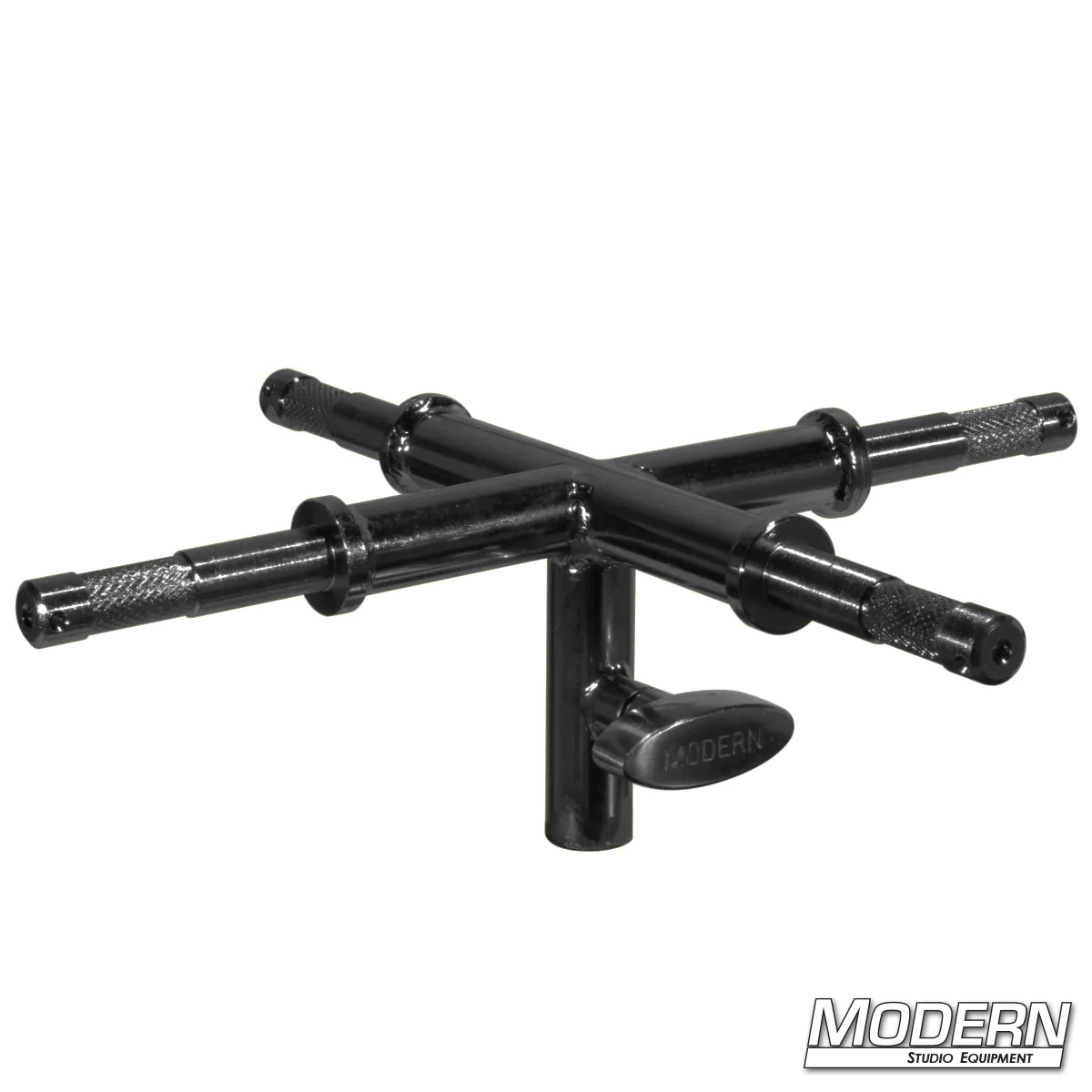 Baby 4-Way Adapter in Black Zinc with four 5/8" receivers for film grip rigging.