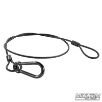 2' black coated stainless steel safety cable for film equipment rigging, heavy-duty locking design for reliable support.