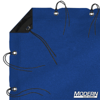 Blue waterproof textile with grommets, ties, and elastic corners for film grip and rigging, includes labeled storage bag.