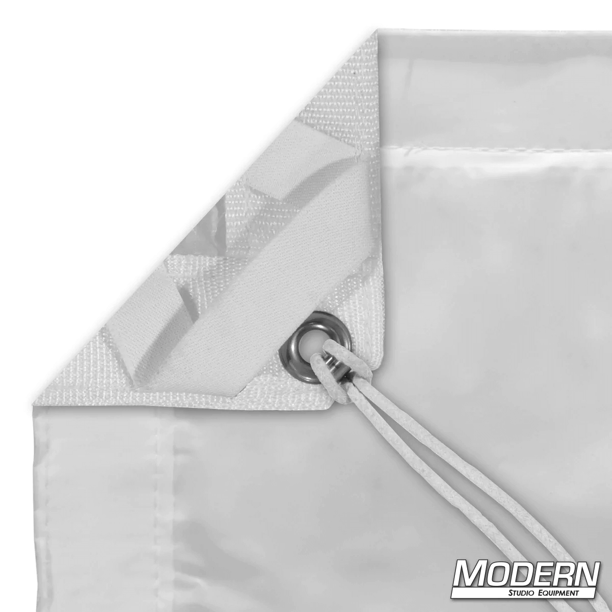 Full Soft Frost textile with webbing, grommet, and tie, reduces direct light by 2.6 stops. Perfect for film grip and rigging.