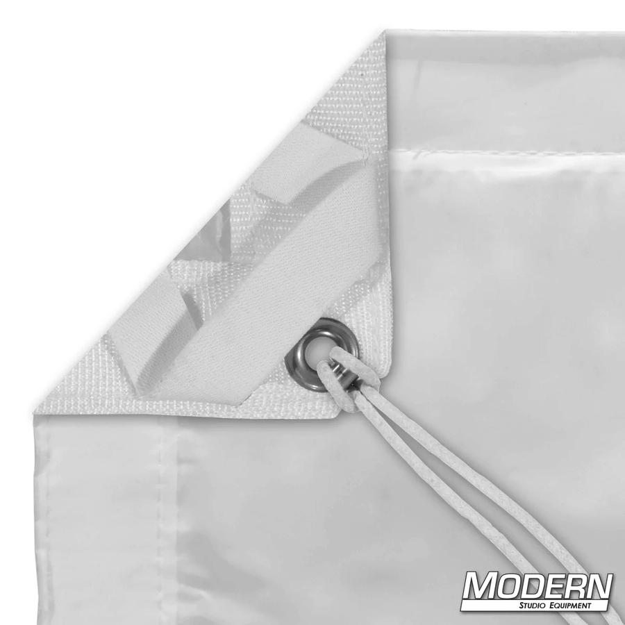 Full Soft Frost textile with webbing, grommet, and tie, reduces direct light by 2.6 stops. Perfect for film grip and rigging.