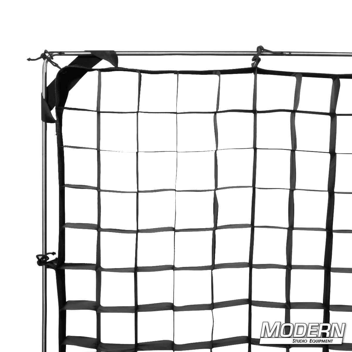 40° fabric egg crate for film grip and rigging with webbing, grommets, and ties, shown in frame-ready position without included frame.