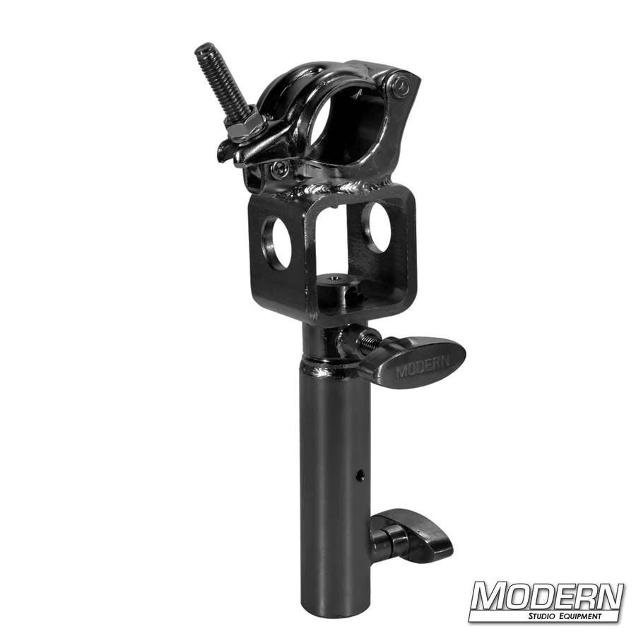 Grid clamp with junior swivel receiver, black zinc with nut, for film grip rigging, works with aluminum Speed-Rail®.