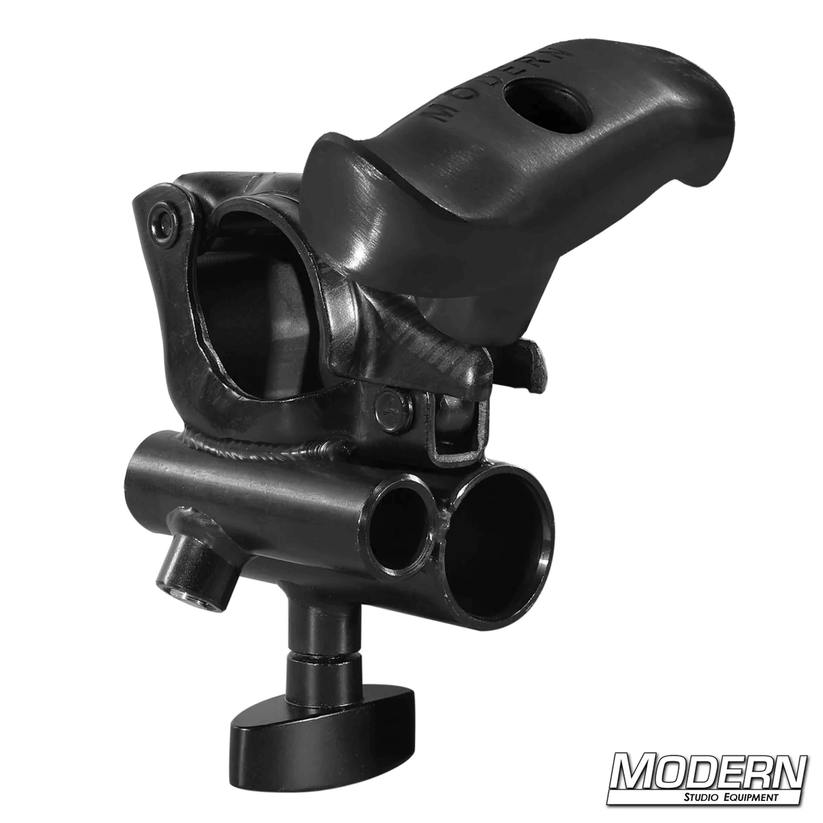 Black Zinc Grid Clamp with Junior and Baby Receiver featuring 3/8-16" T-Handle, ideal for film grip and rigging on aluminum Speed-Rail® systems.