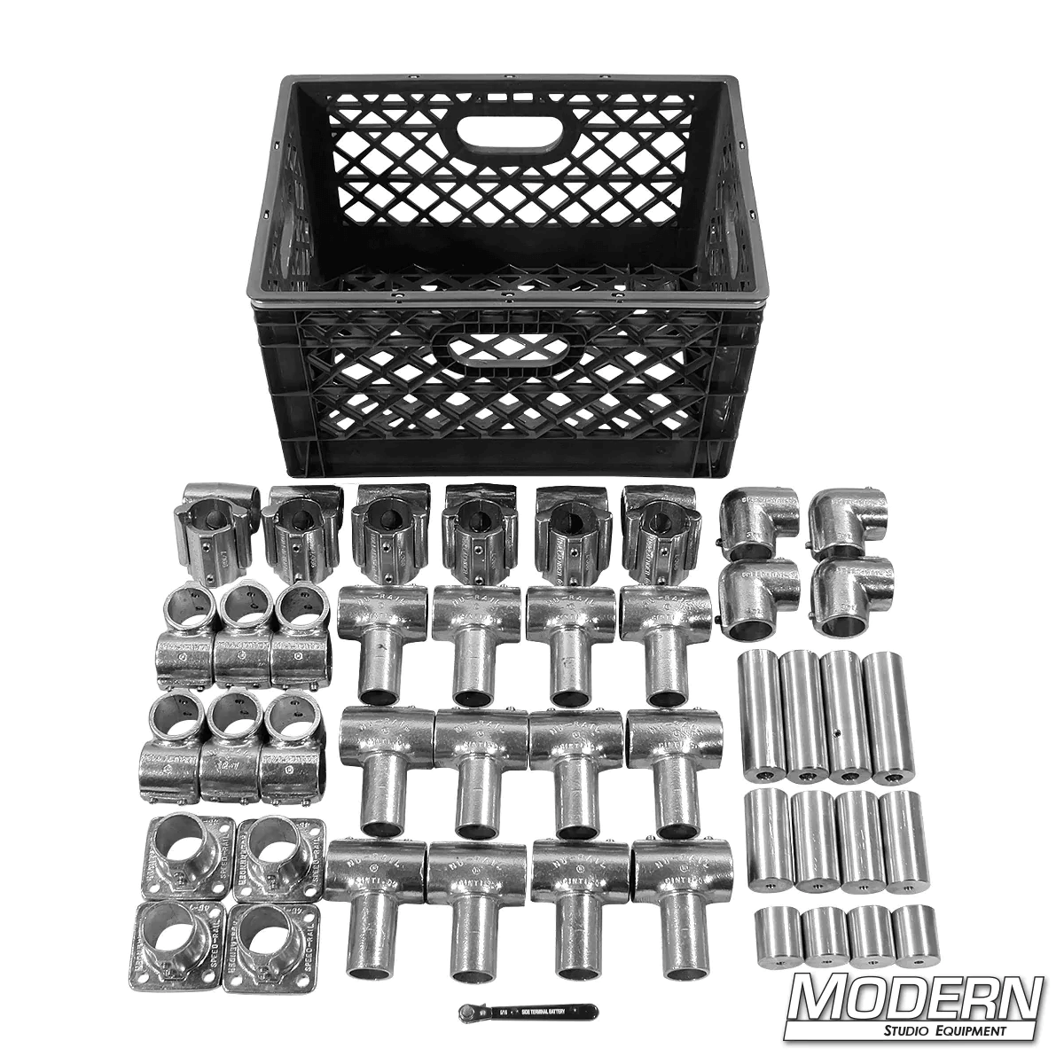 Speed-Rail® On-The-Go rigging kit with 4 elbow fittings, 6 short barrel crosses, 12 swivels, 4 floor flanges, and a low profile wrench in a milk crate.