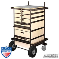 Large Grip Cart for organizing and transporting film grip rigging equipment with drawers, light stand space, caster wheels, and spray paint rack