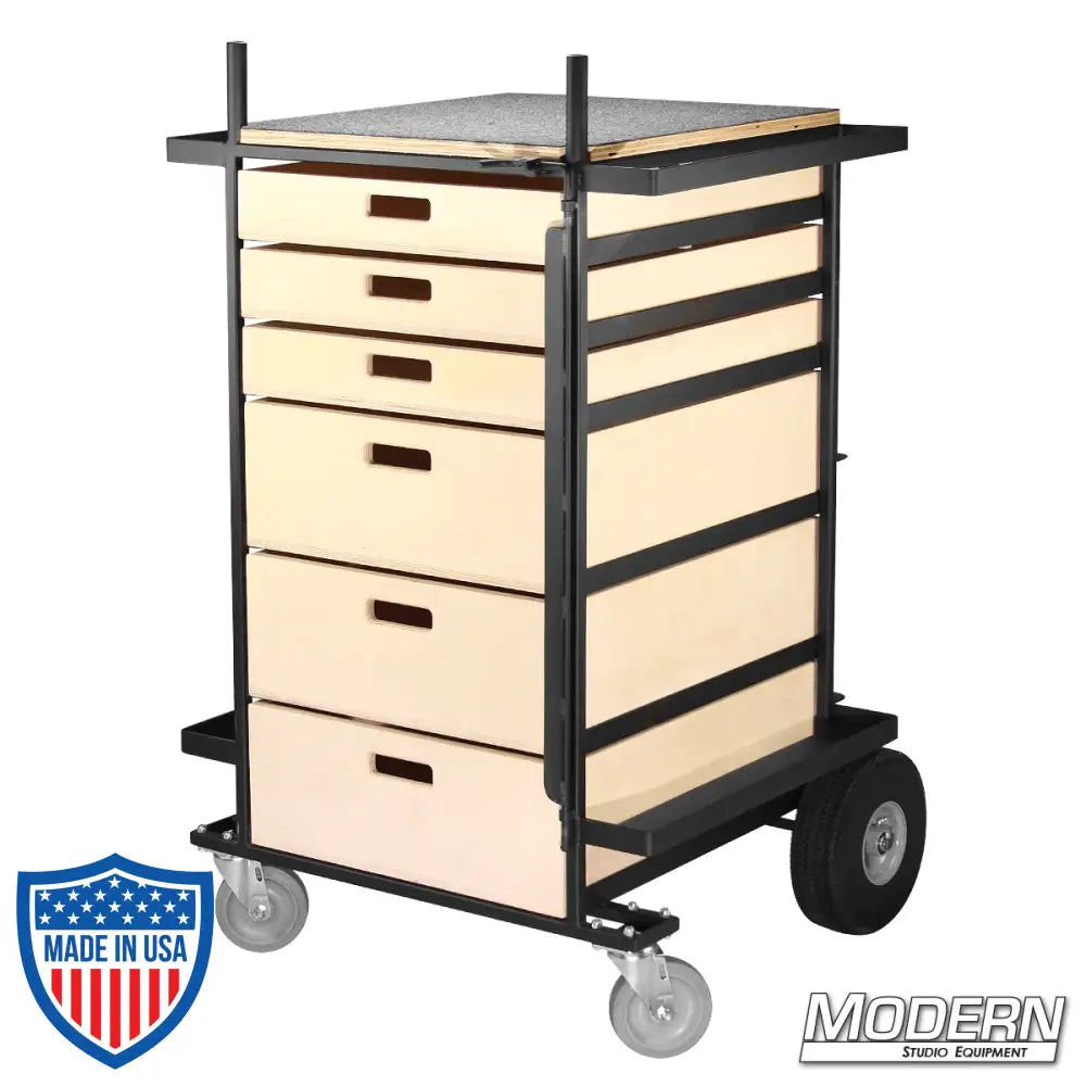 Large Grip Cart with six slide-out drawers, light stand space, spray paint rack, and casters for easy steering. Perfect for film grip rigging.