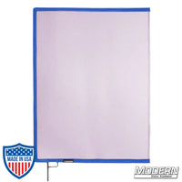 Lavender scrim with open end stainless steel frame for film grip and rigging, 0.3 stop material to subtly reduce light.