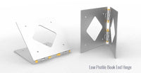 Low profile book end hinge made of aluminum for film grip rigging, shown in open and closed positions.