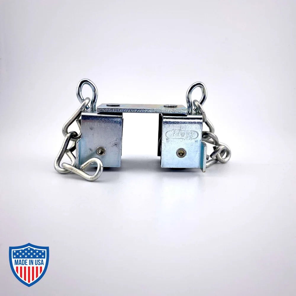 Curtain Track Master Carrier with swivel hooks and chains for film grip rigging to prevent backdrop damage.