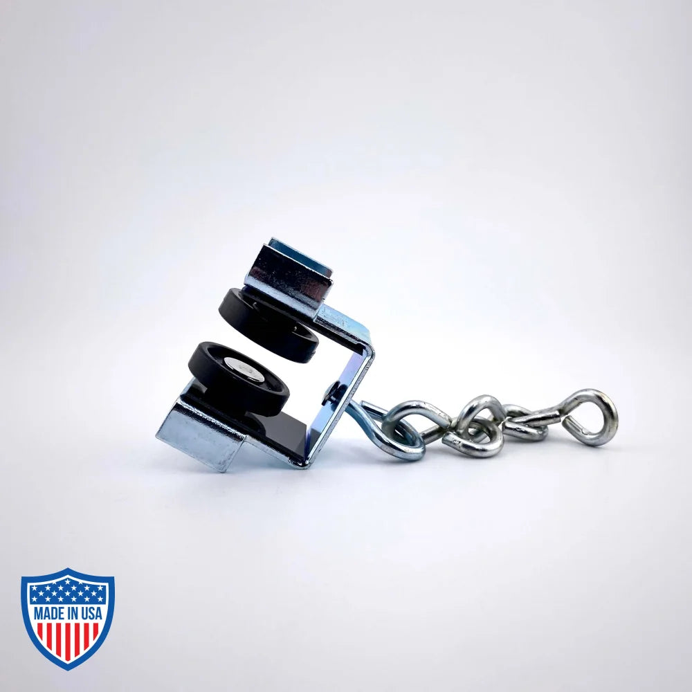 Curtain Track Carrier H&H with swivel hook and trim chain, ideal for film grip rigging, reduces friction and noise for smooth backdrop movement.