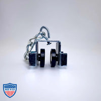 Curtain Track Carrier H&H with Delrin wheels, steel body, swivel hook, and trim chain, ideal for film grip rigging setups.