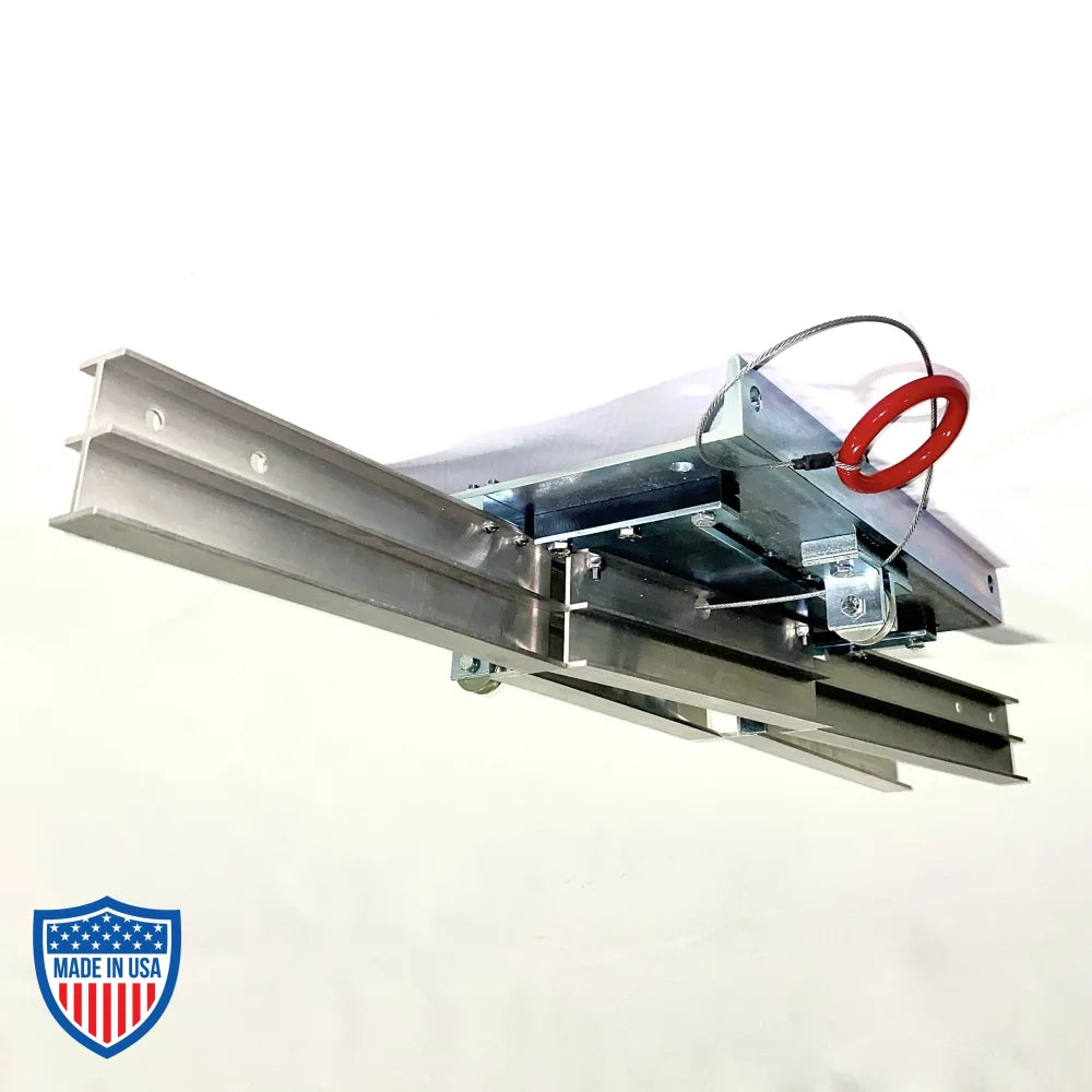 Curtain track switcher for film grip rigging, featuring red circle pull mechanism for right or left direction switching on curtain paths.