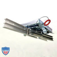 Curtain track switcher for film grip rigging, featuring red circle pull mechanism for right or left direction switching on curtain paths.