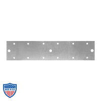 Metal spacer plate for track hangers and gridlocks used in film grip rigging with multiple holes for mounting and support.