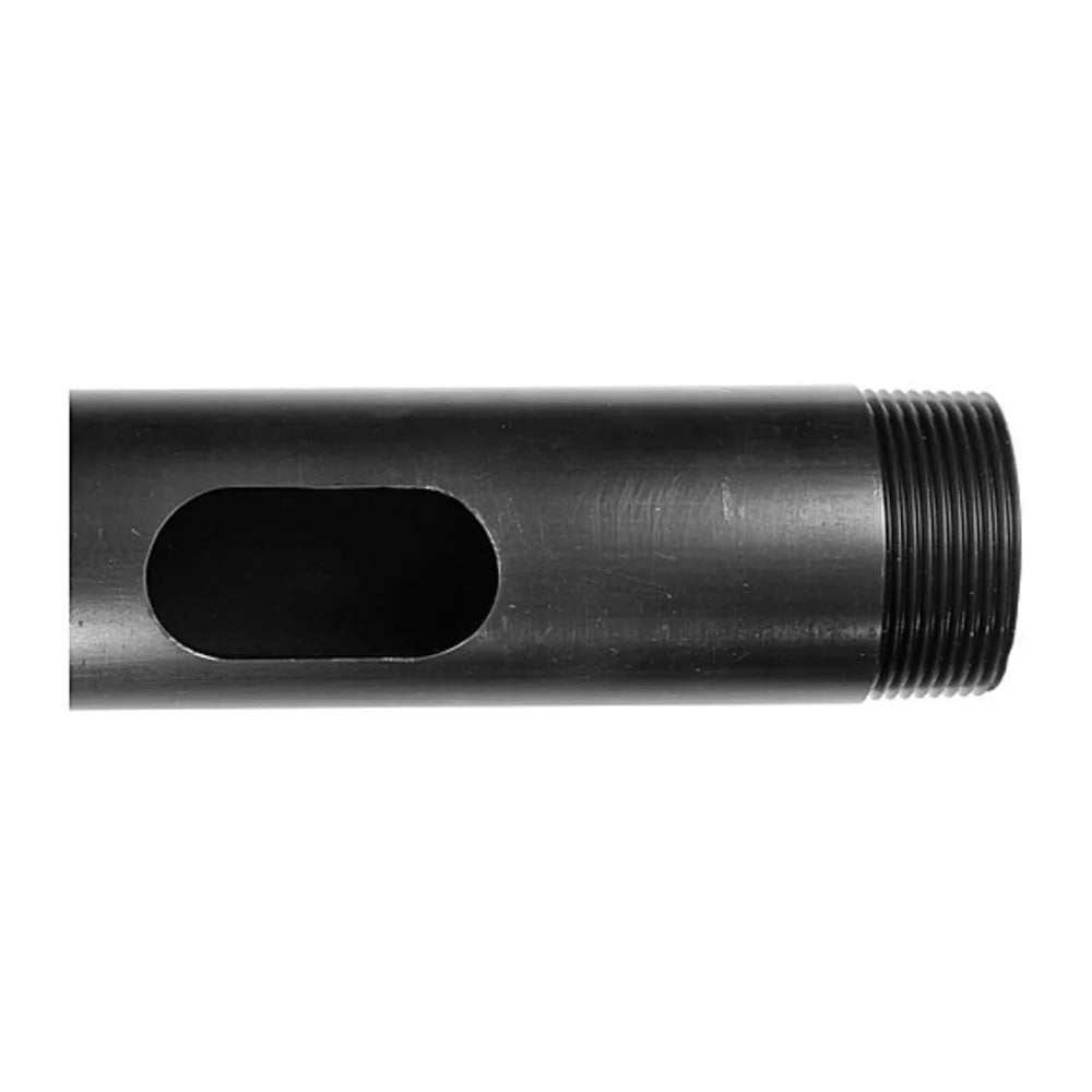 Close-up view of Mega-Cable Runner 1.5 aluminum pipe with CNC machined openings for film grip and rigging applications.